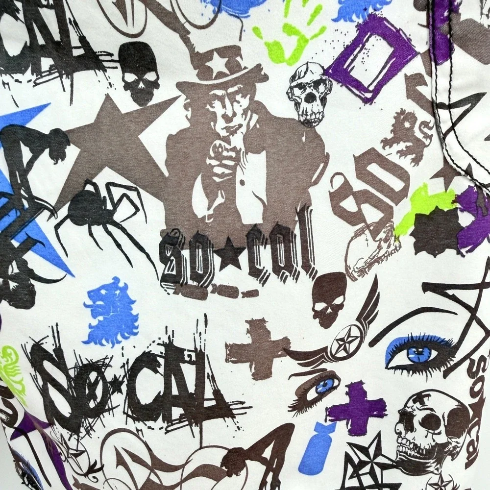 So-Cal Board Shorts Mens 32x12 White‎ Graffiti Skulls Uncle Sam Punk Pockets Y2K